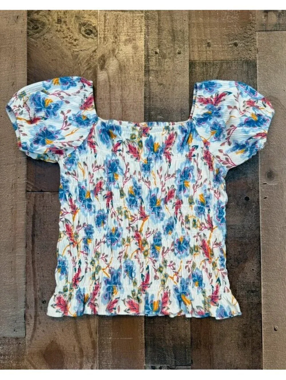 Old Navy Youth Smocked Floral Short Sleeved Peasant Style Top Size L